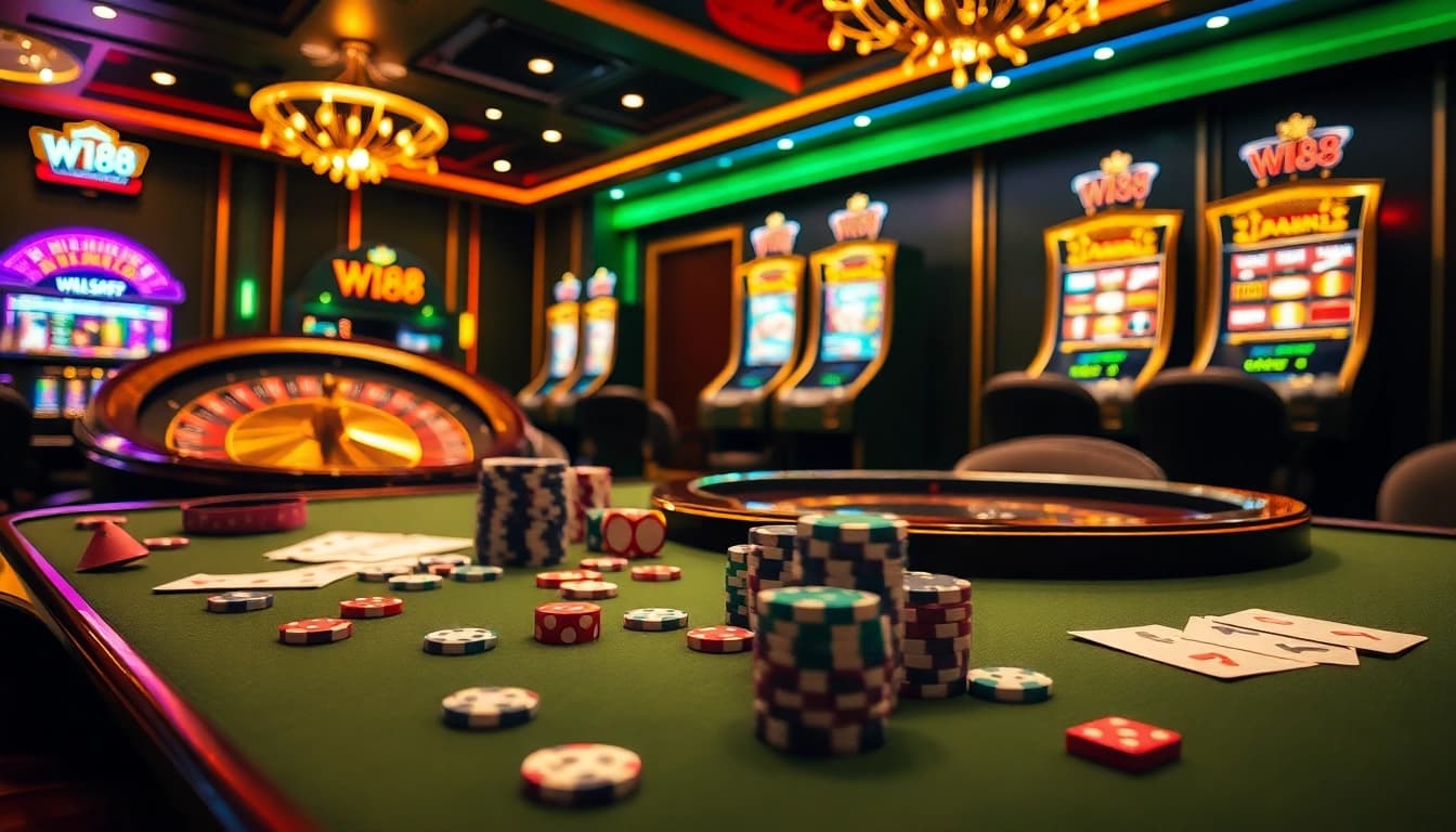 Experience thrilling gaming action at W188 with poker chips and roulette.
