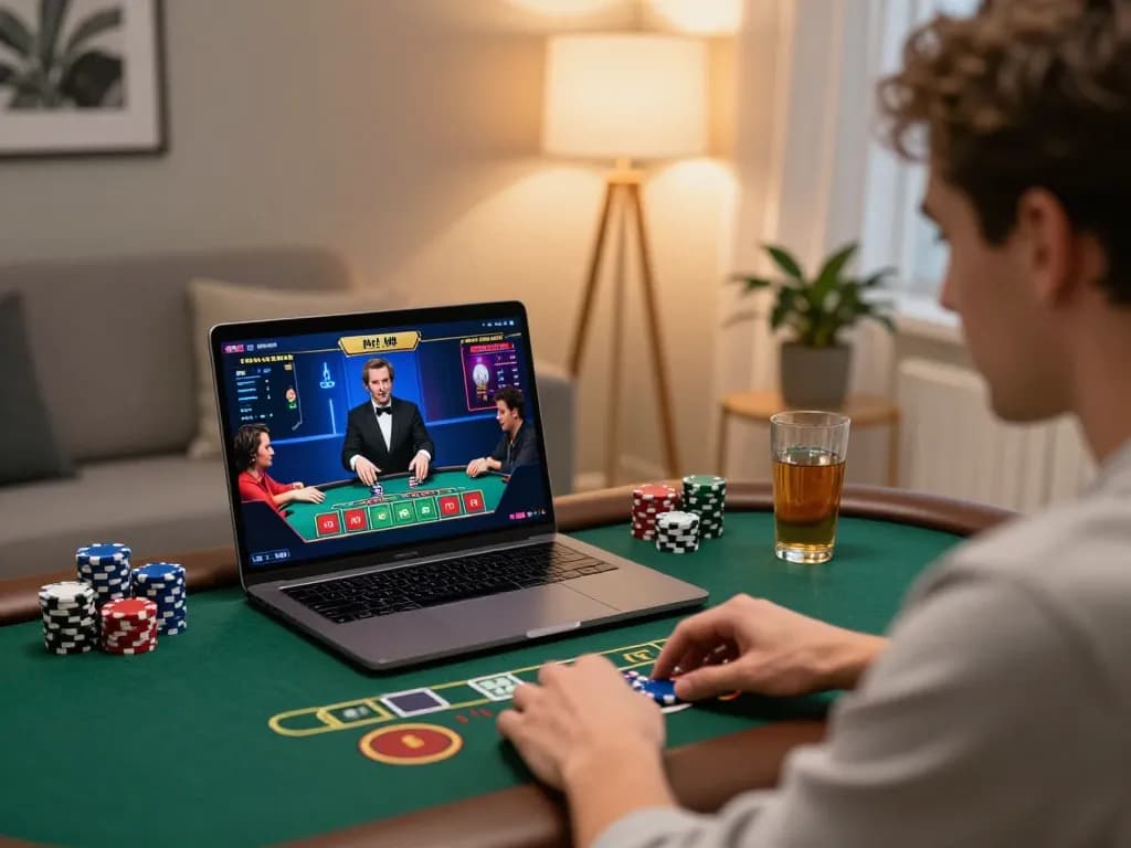 GEM88 player strategizing during a live dealer blackjack game on a sleek laptop