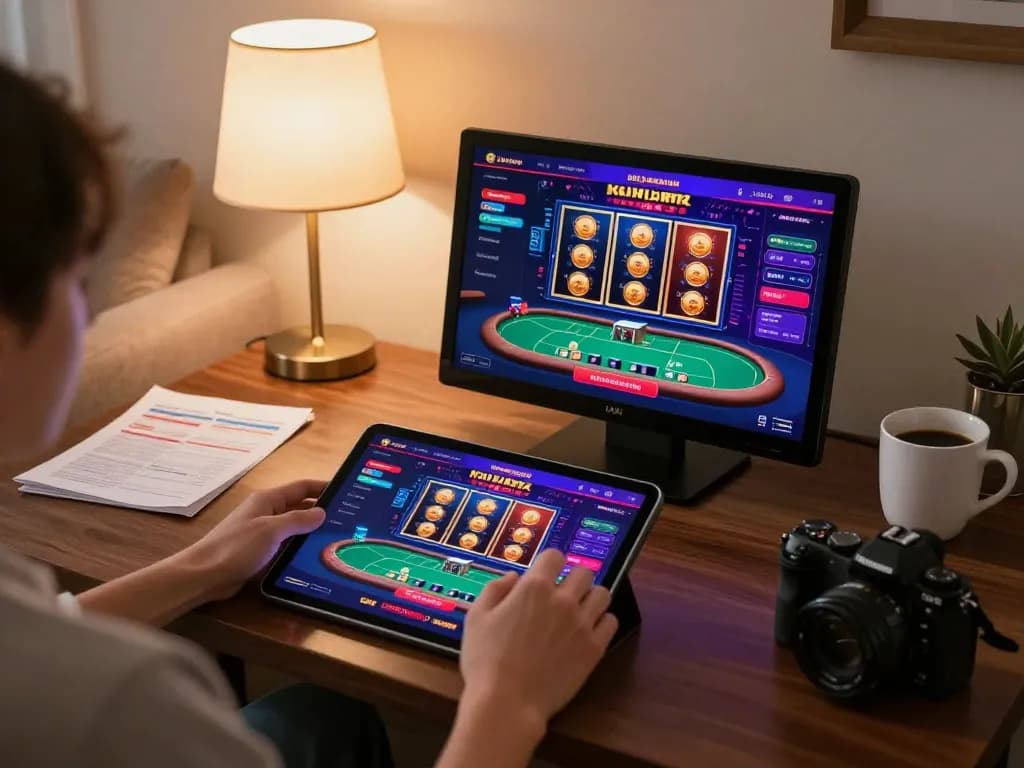 Engaged user navigating the dh88 link for online casino strategies on a tablet in a cozy setting