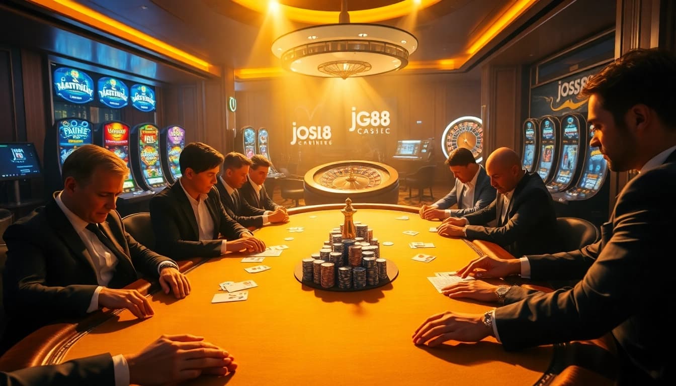 Experience thrilling gaming at https://jtg88.com/ with an exciting poker scene in a luxurious casino setting.