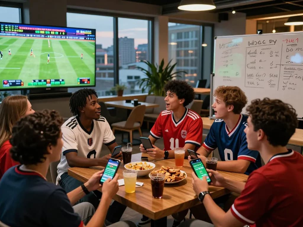Group of friends enjoying live sports betting with real-time tỷ lệ kèo updates in a vibrant lounge