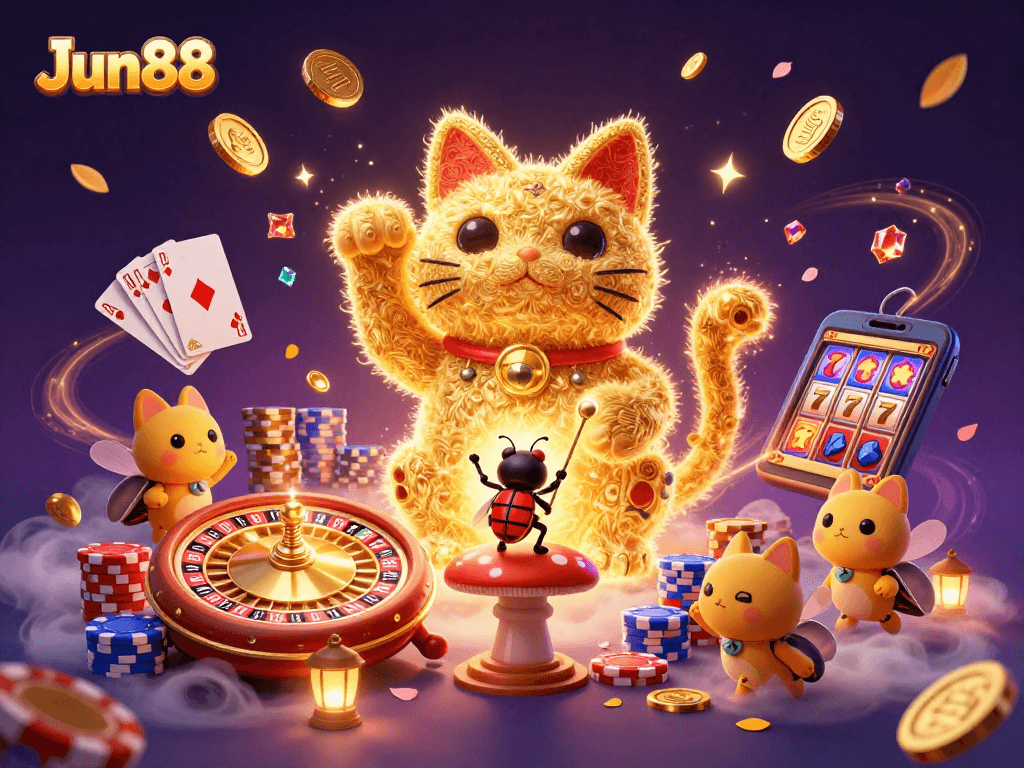 Experience Jun88's thrilling casino magic with a lucky cat and vibrant game elements.