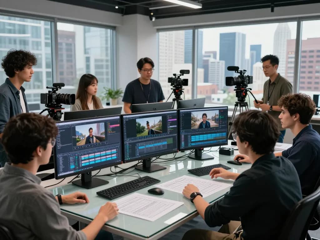 Creative team using Seedance AI for video production in a modern studio.
