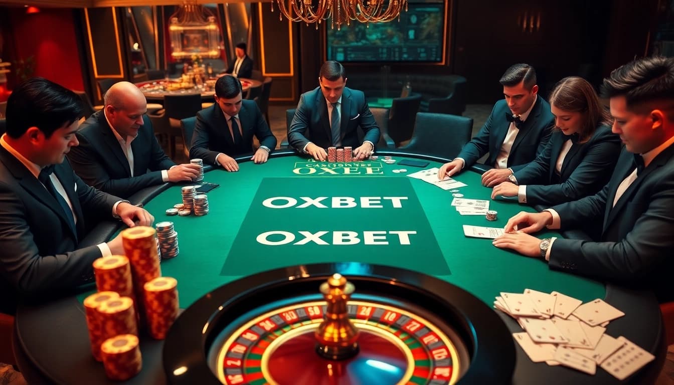 Players enjoying poker at the OXBET casino table, showcasing excitement and luxury.