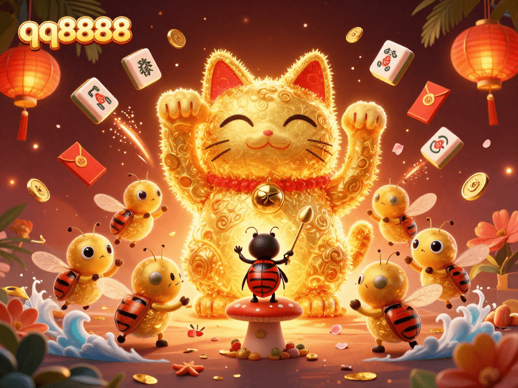 Engage in thrilling gameplay at qq8888 while enjoying vibrant casino elements and a lucky cat illustration.