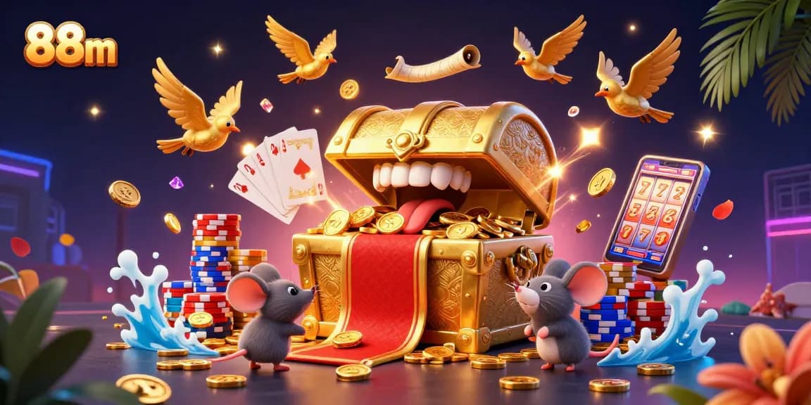 Experience winnings with the lively 88m casino scene featuring a rich treasure chest and vibrant slot games.