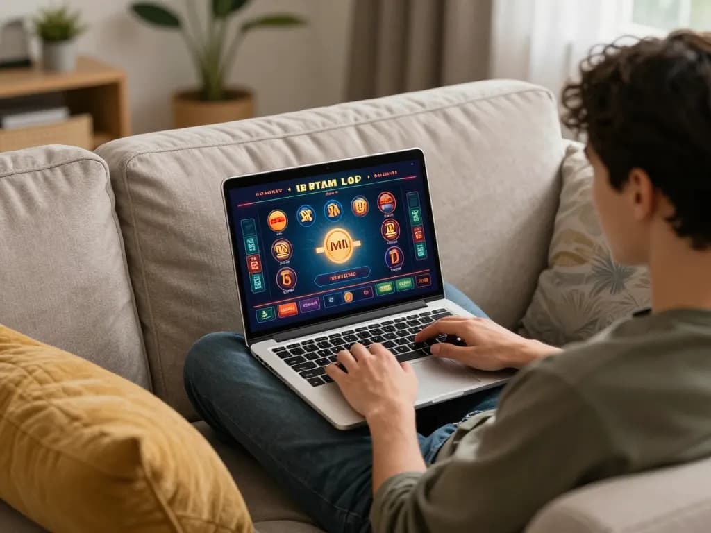 Play online casino games with link vào 98win on a laptop in a cozy home setting, showcasing responsible gaming.
