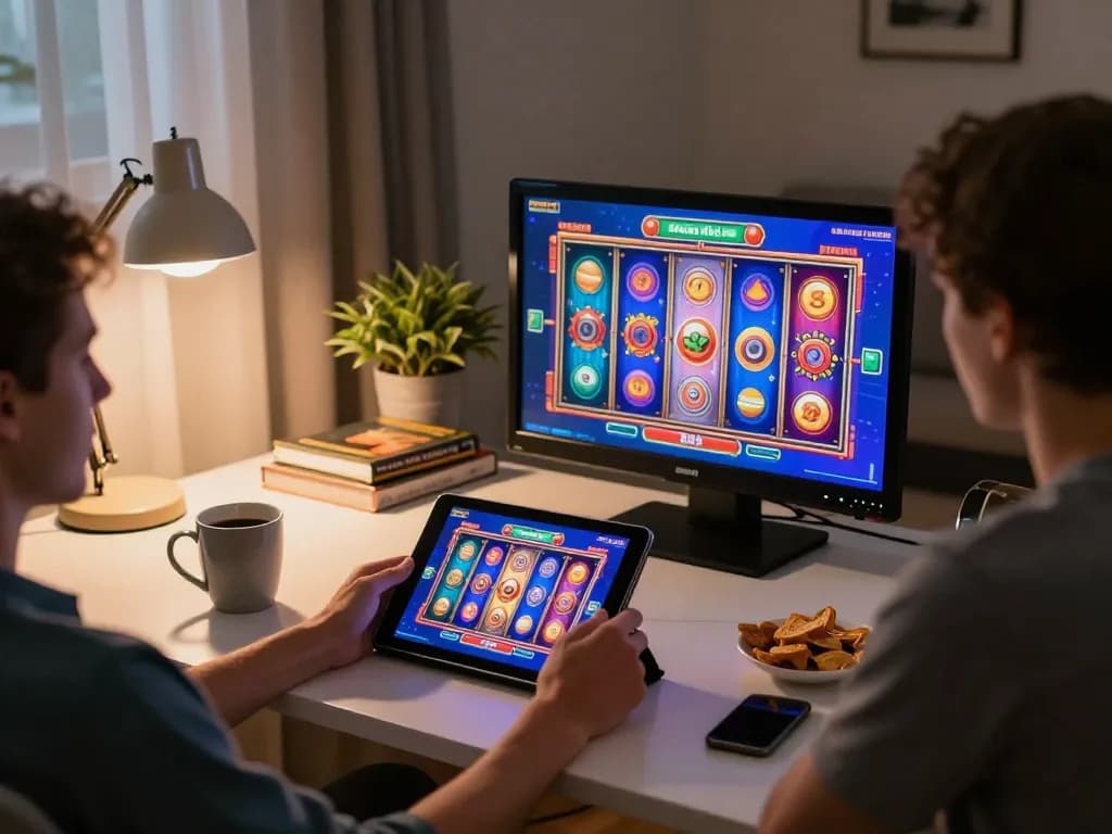 Nổ hũ gameplay on a tablet, showcasing engaging online slots experience in a cozy home setting.