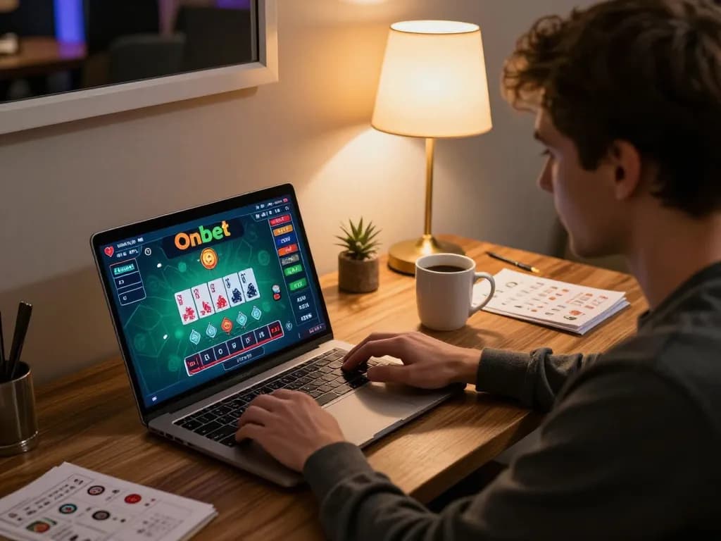 Engaging online blackjack gameplay on Onbet, with player analyzing cards and strategy in a cozy atmosphere