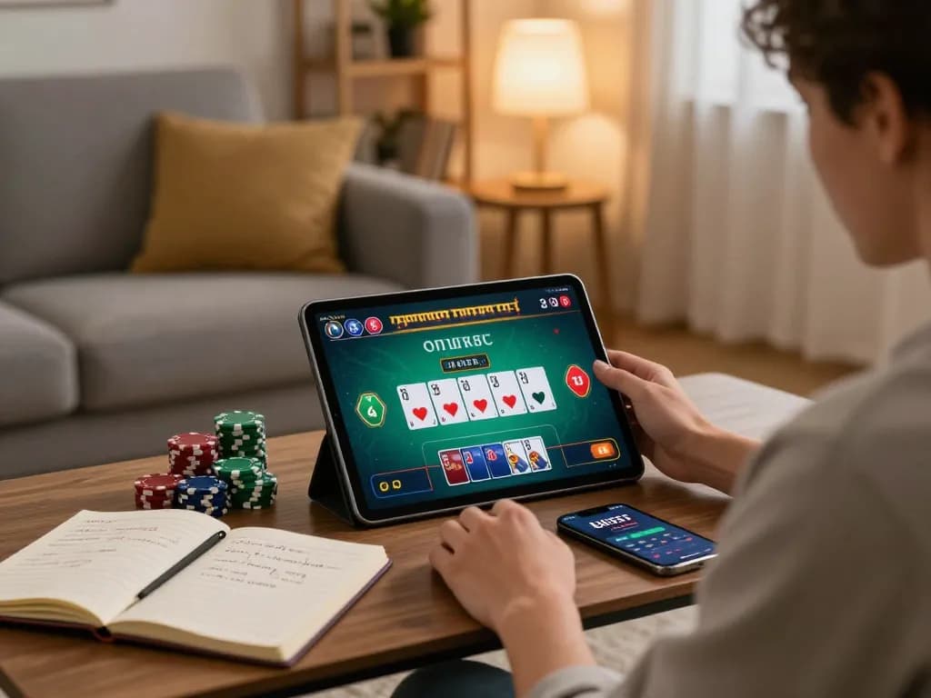 Individual enjoying online poker game on bl555 app in a cozy home setting