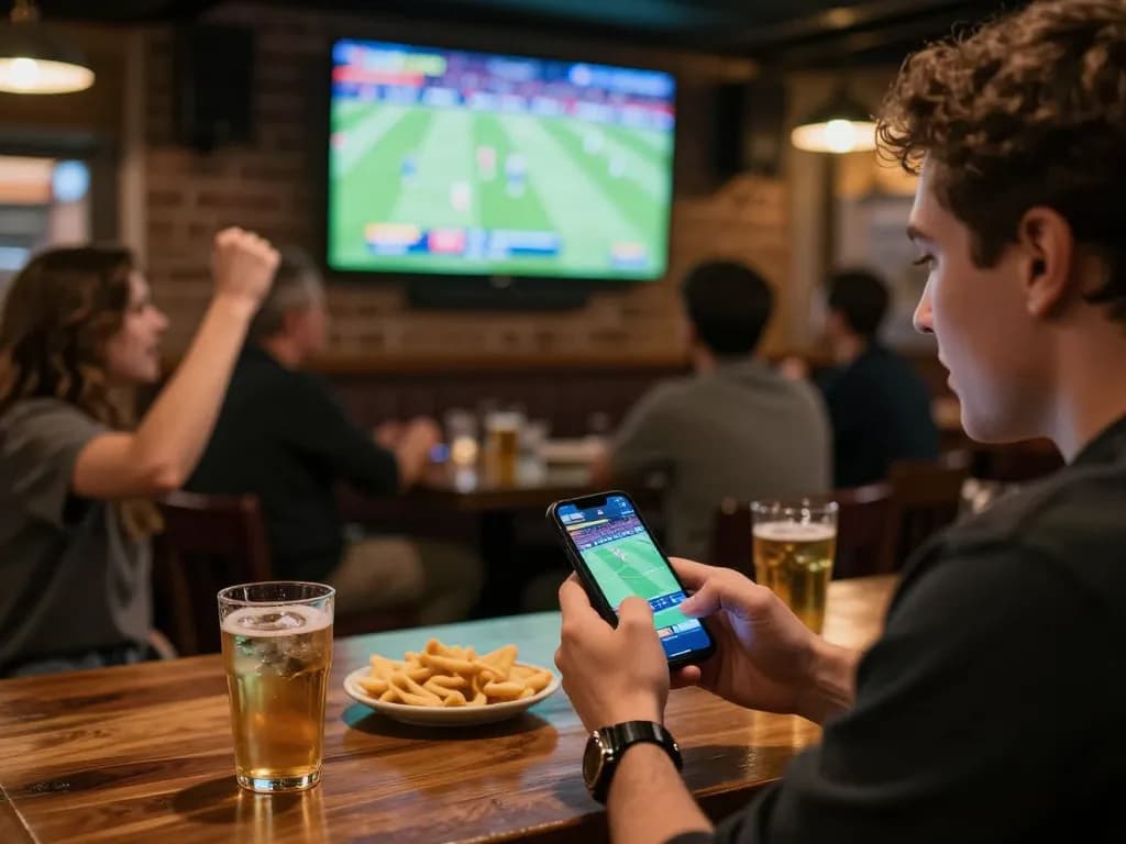 Player using HELLO88 sports betting app while watching live match in a vibrant bar