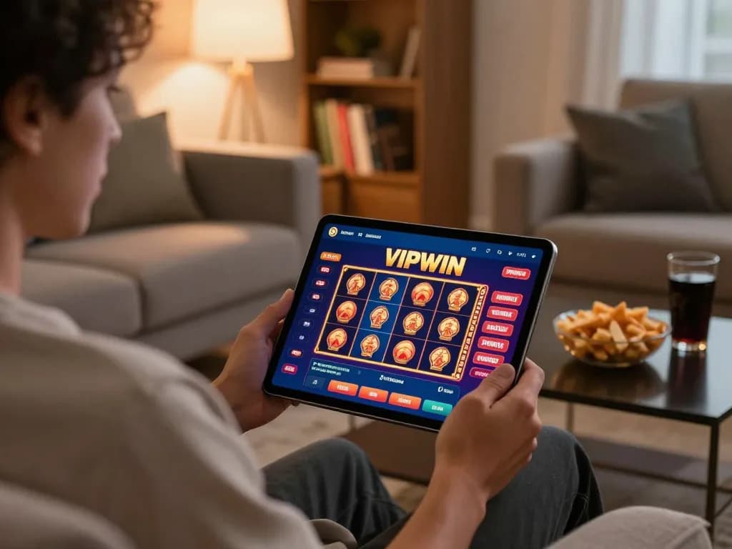 Player interacting with the VIPWIN app on a tablet, showcasing thrilling online gaming.