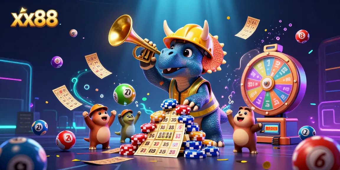 xx88 casino scene with a triceratops building poker chips and lottery elements flying