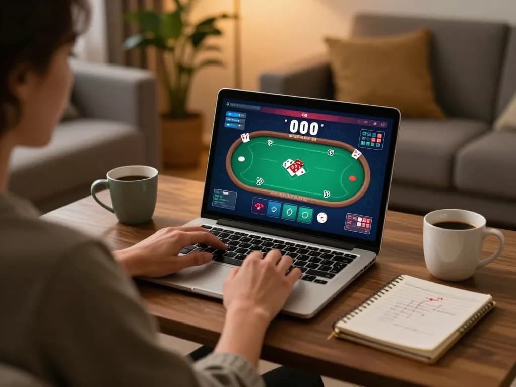 Engaging online poker game at ALO8's platform on a laptop in a cozy living room.