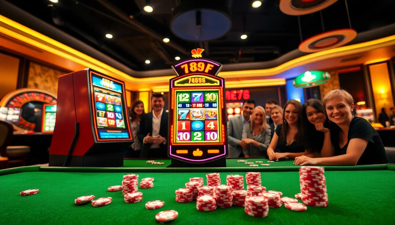 Experience the thrill of casino gaming at 789F with vibrant slot machines and engaging players.