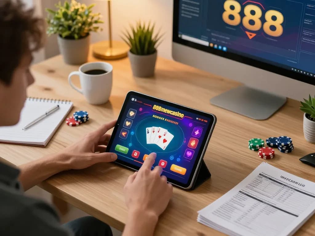 Engaged player using 888newcasino on tablet, strategizing poker moves in a cozy home setup.