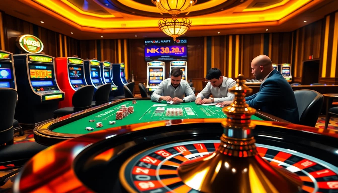 Experience the thrill of nk88 đăng nhập at a luxurious online casino with poker tables and vibrant slot machines.