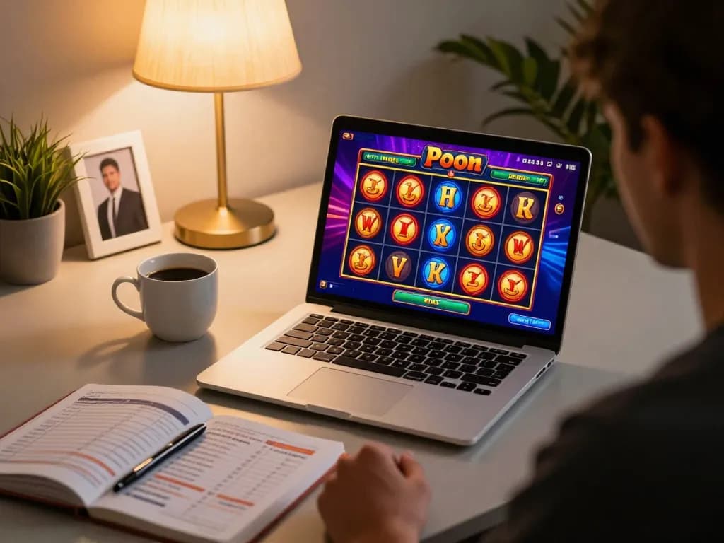 Engaging in a thrilling slot online game at home, focusing on strategic gameplay and bankroll management.