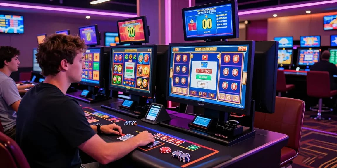 Engaged player at credit card casinos, vibrant gaming scene with screens showing slots and bonuses.