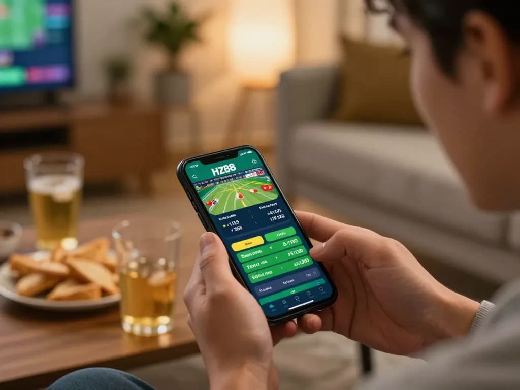 Engaging with HZ88 betting app for live sports betting, showcasing excitement and strategy.