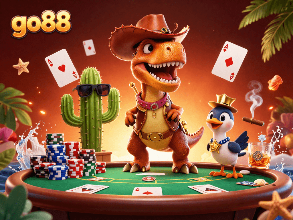 Join the exciting go88 poker scene with T-Rex and friends amid vibrant casino elements.