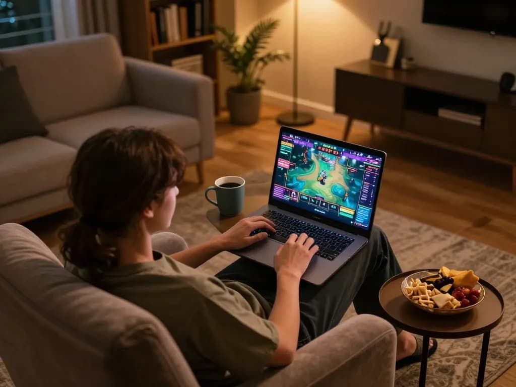 Engaging in online betting on Net88 from the comfort of home with warm lighting and snacks.