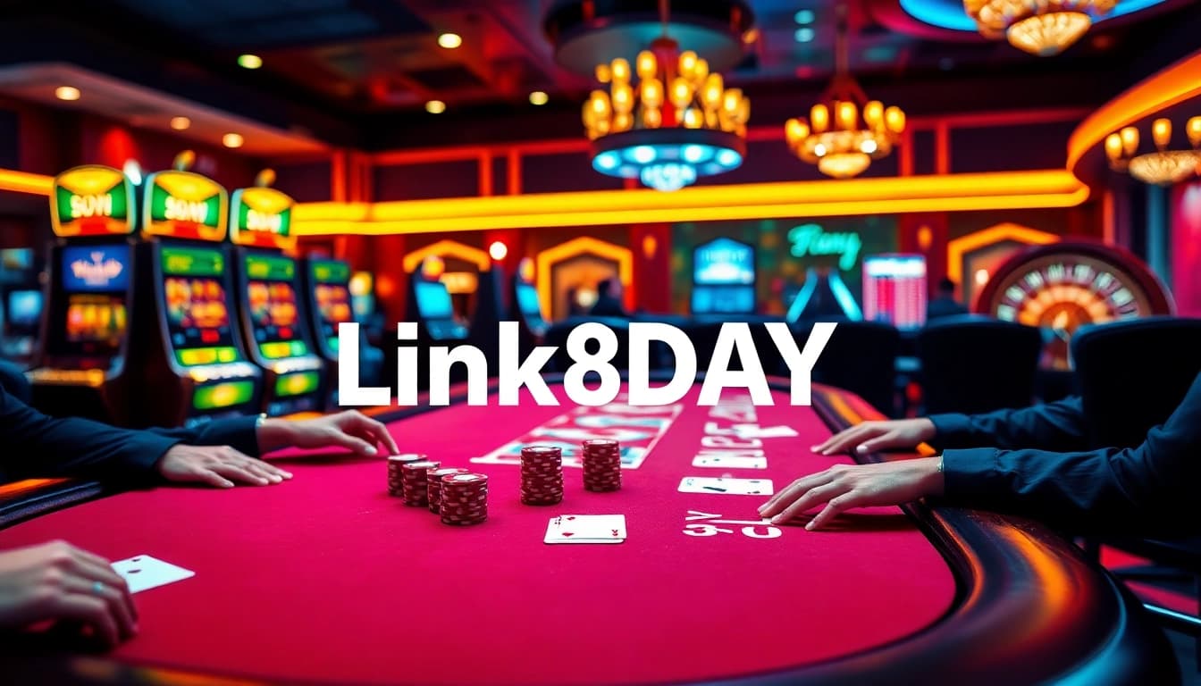 Exciting gambling scene featuring Link 8DAY poker action with players and vibrant roulette wheel.
