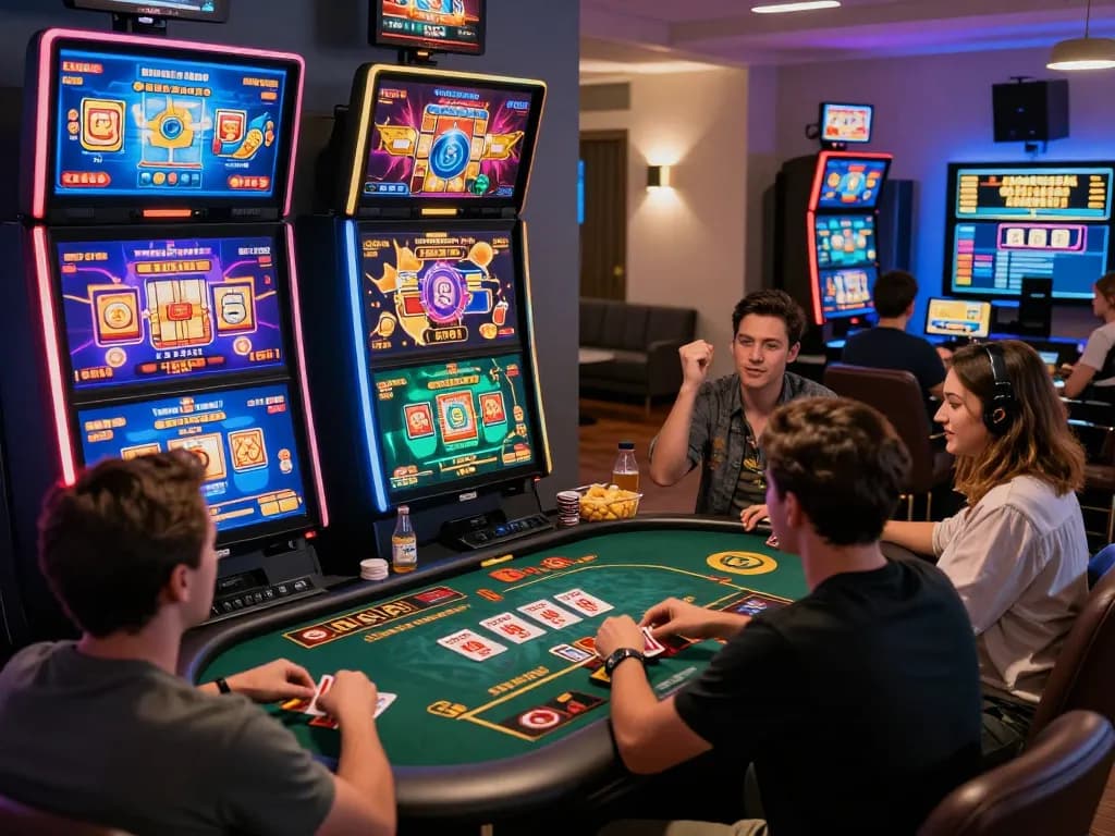 Players enjoying the bomwin online gaming experience in a vibrant digital casino setup.