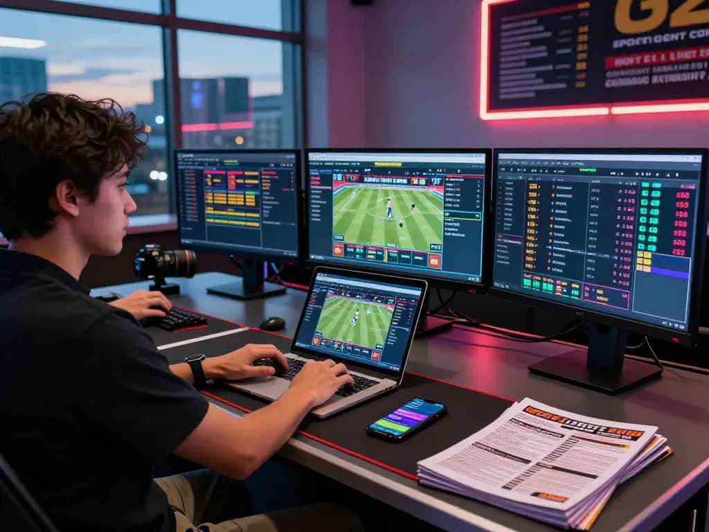 Engaging view of a modern betting setup for vaobong1gom.us.com, featuring live sports odds, analysis, and a vibrant atmosphere.