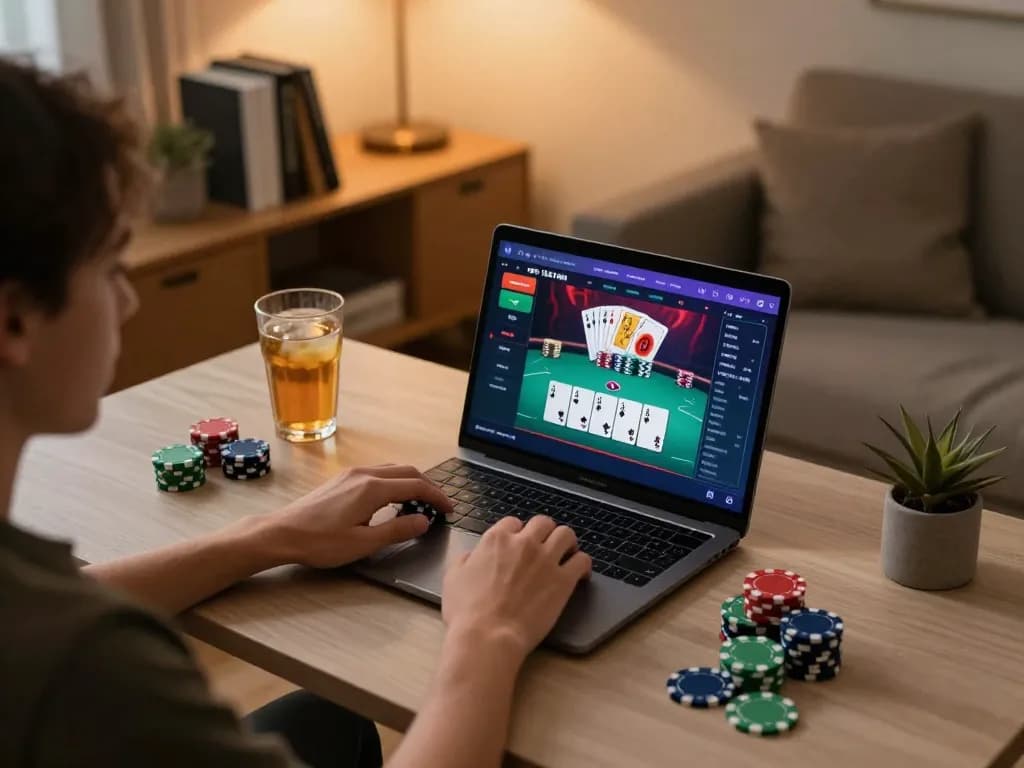 Engaging player strategizing in vipwin777 online poker game setup at home.