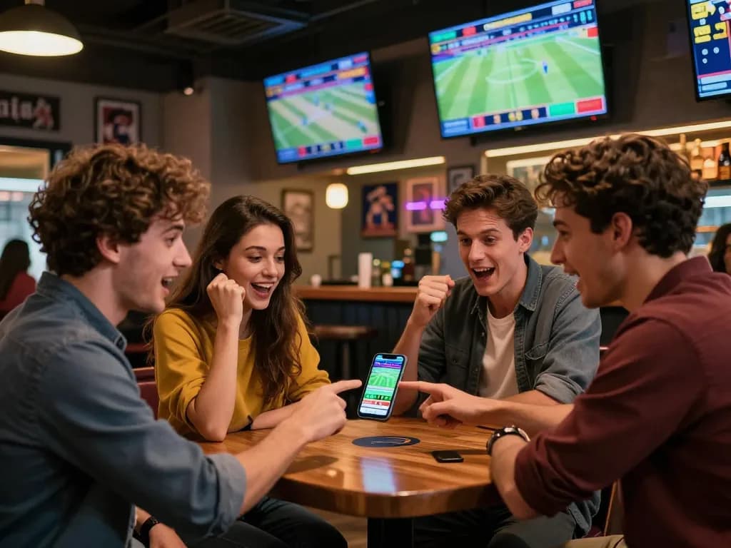 Friends enjoying live sports betting on 86bet app in a vibrant sports bar atmosphere