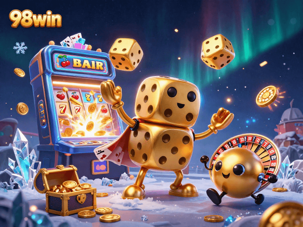 Experience thrilling gameplay at 98win with a jubilant golden dice golem and jackpot explosion.