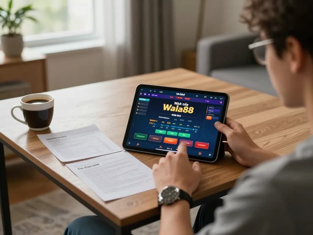Person uses tablet for online gaming at Nhà cái Wala88 in a cozy home setting.