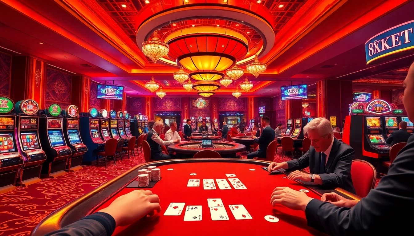 A player enjoying an exciting game at 8kbet casino with vibrant slot machines and poker tables.
