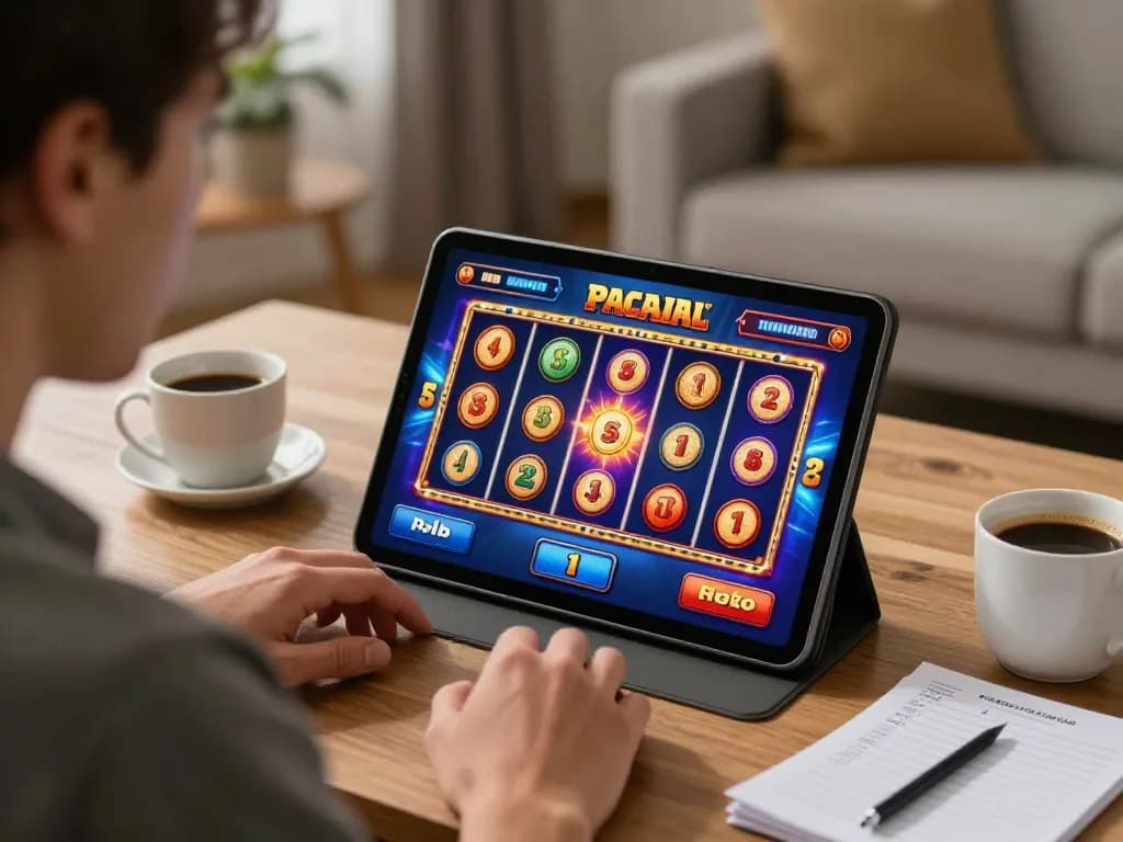 Engaged player enjoying a vibrant online slot game on 78wintl tablet in a cozy home setting, emphasizing responsible entertainment.