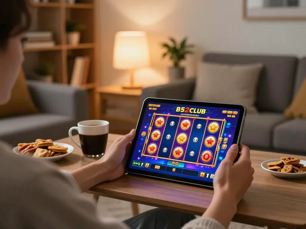 B52club player enjoying online slot games on a tablet in a cozy home environment