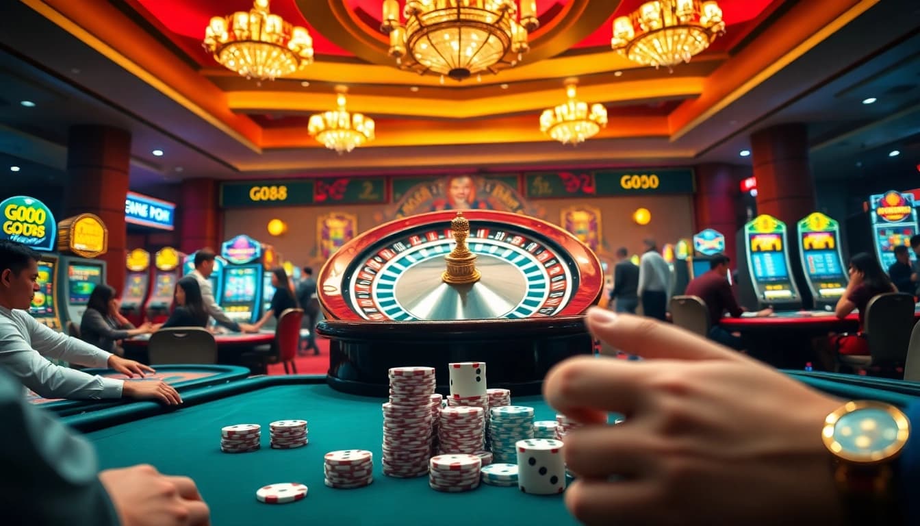 Experience the excitement of Go88 with vibrant casino visuals featuring roulette, poker, and lively gameplay.