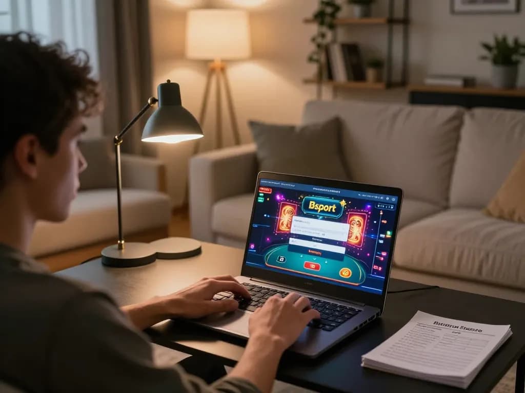 Engaged gambler using Bsport login for online poker in a cozy home setting
