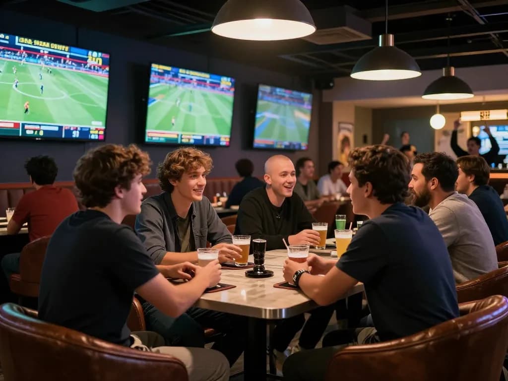 Friends engaging in sports betting excitement at TA88 lounge with multiple TV screens.