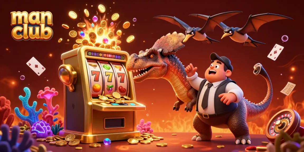 Experience the excitement at man club while the pteranodon catches golden coins from the jackpot!