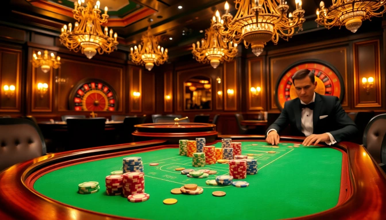 Playing poker at a luxurious table in kp88 vip casino, showcasing excitement and high stakes.