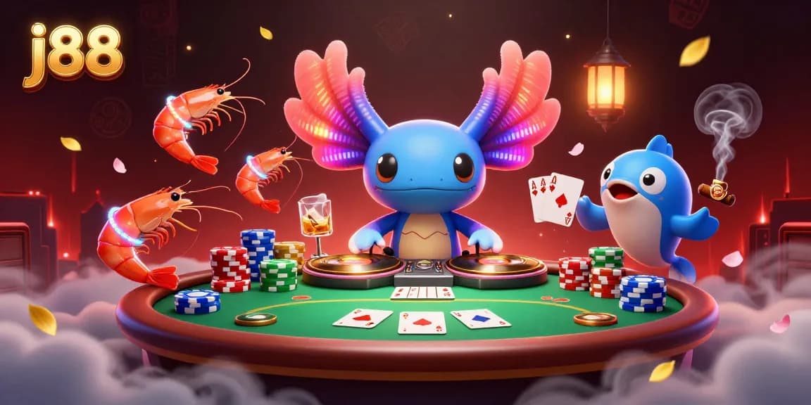 Engaging j88 poker scene with vibrant characters spinning records and cash, immerse in casino action.