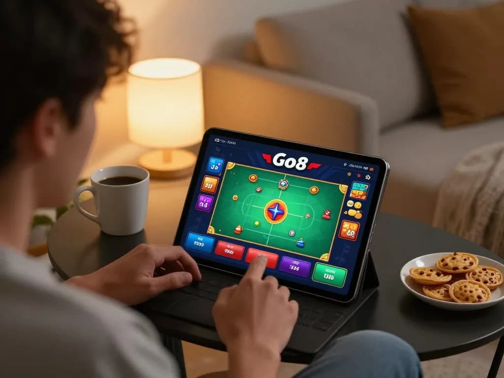 Engaged player enjoying Go8 online casino game on a tablet, enhancing strategic gameplay experience.