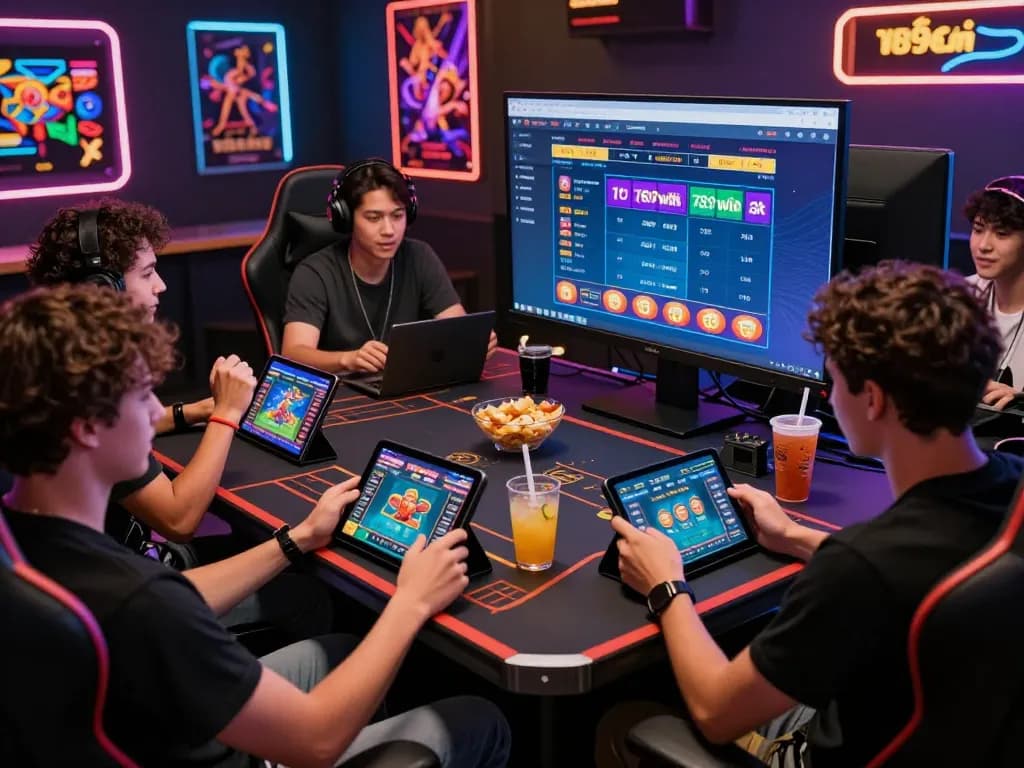 Exciting online gambling scene with friends engaging in nhà cái 789win betting games, showcasing modern gaming setup.