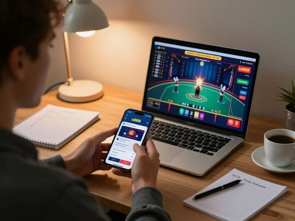 Engaging in u888 online gaming with a smartphone and live dealer display, showcasing home comfort.