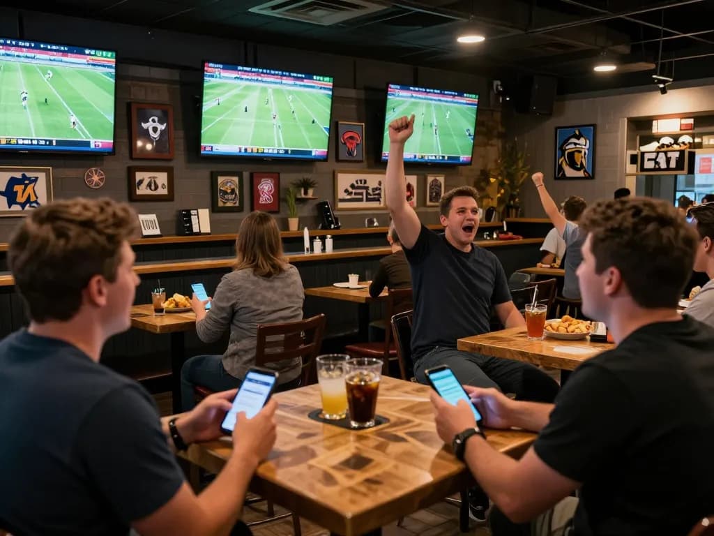 Soi kèo excitement in a lively sports betting bar with patrons placing bets and enjoying live matches.