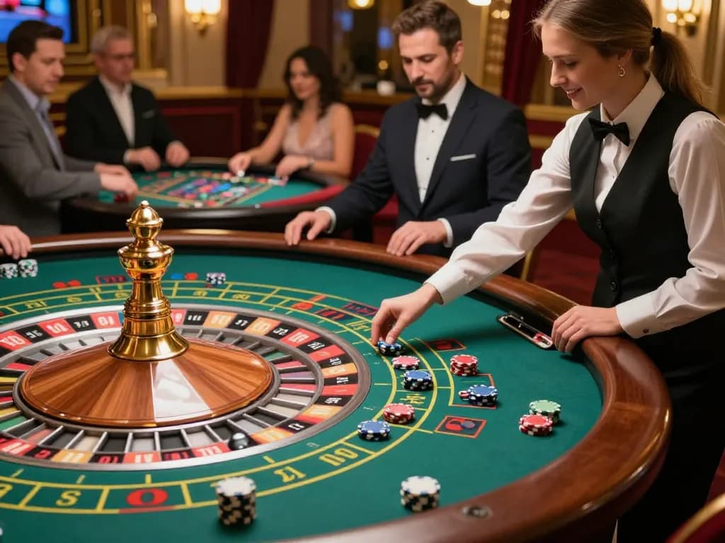 MM88 roulette table with players placing bets and croupier managing the game, capturing excitement in a high-end casino.