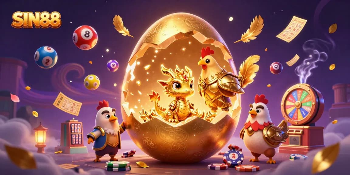 SIN88 showcases a dazzling golden dragon amid vibrant casino elements, attracting gamers to thrilling bets.