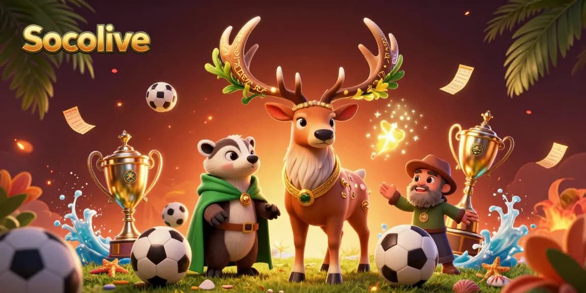 Socolive enhances your betting game with a dynamic scene of live sports, trophies, and charming characters.