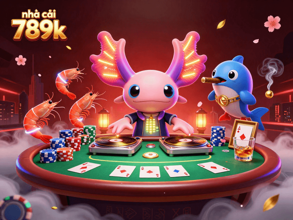Experience a vibrant scene with nhà cái 789k, where a neon axolotl DJ energizes a casino atmosphere filled with poker action.
